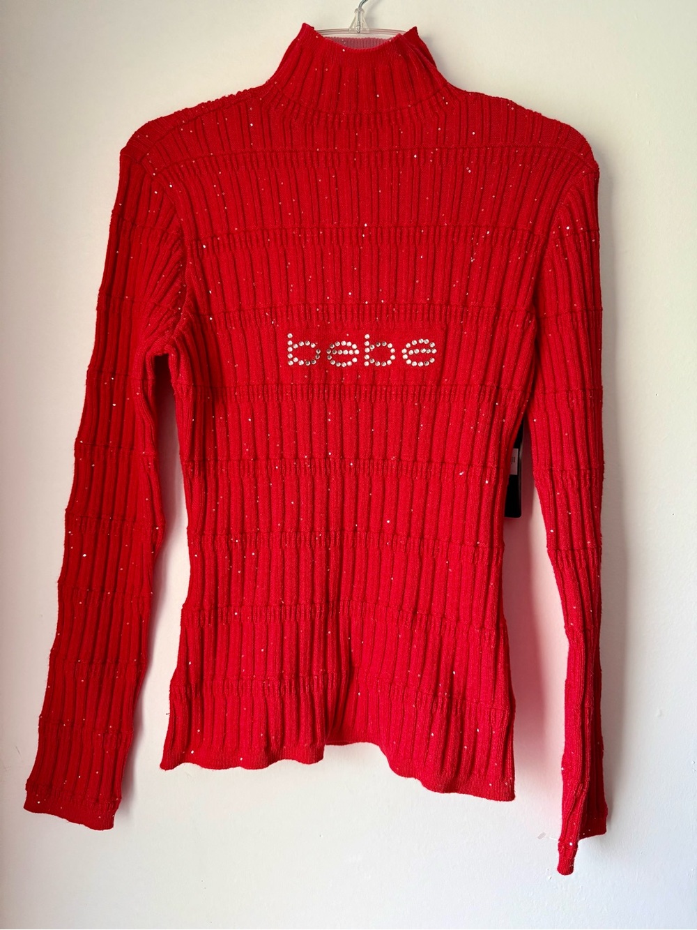 bebe Women's Large Knit Sweater Rhinestone Logo Vibrant Red NWT